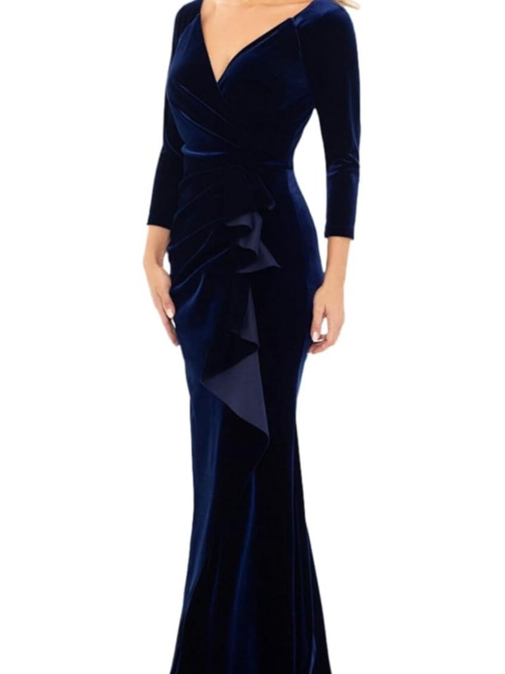 Xscape blue velvetV-Neck Long Sleeve Side Cascade Ruffle Floor Length Dress